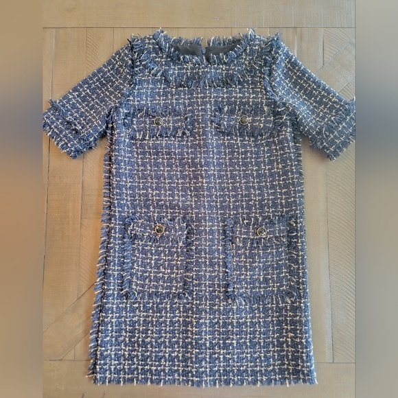 "Chanel Style" Unbranded Navy And Gold Tweed Fully Lined Shift Dress Size 2 - Picture 5 of 12